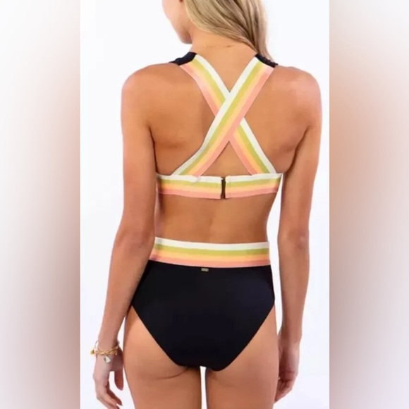 Retro-inspired black bikini set with pastel multi stripe detail - size Small (S) - Picture 3 of 5